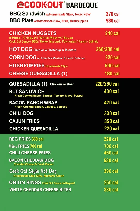 cookout BBQ menu with prices