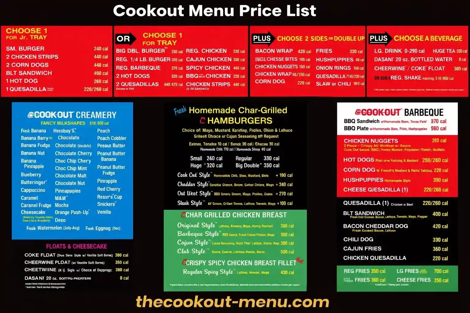 Cookout menu prices list with trays, burgers, hot dogs, sides, and milkshakes