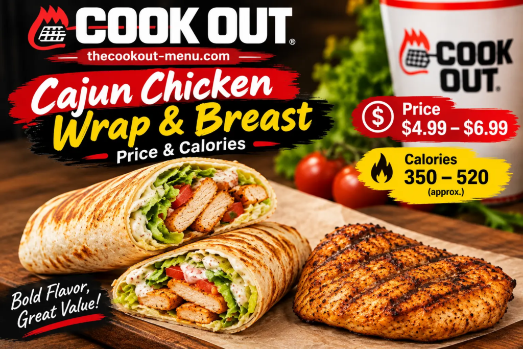 Cook Out Cajun Chicken Wrap and Breast with Price and Calories