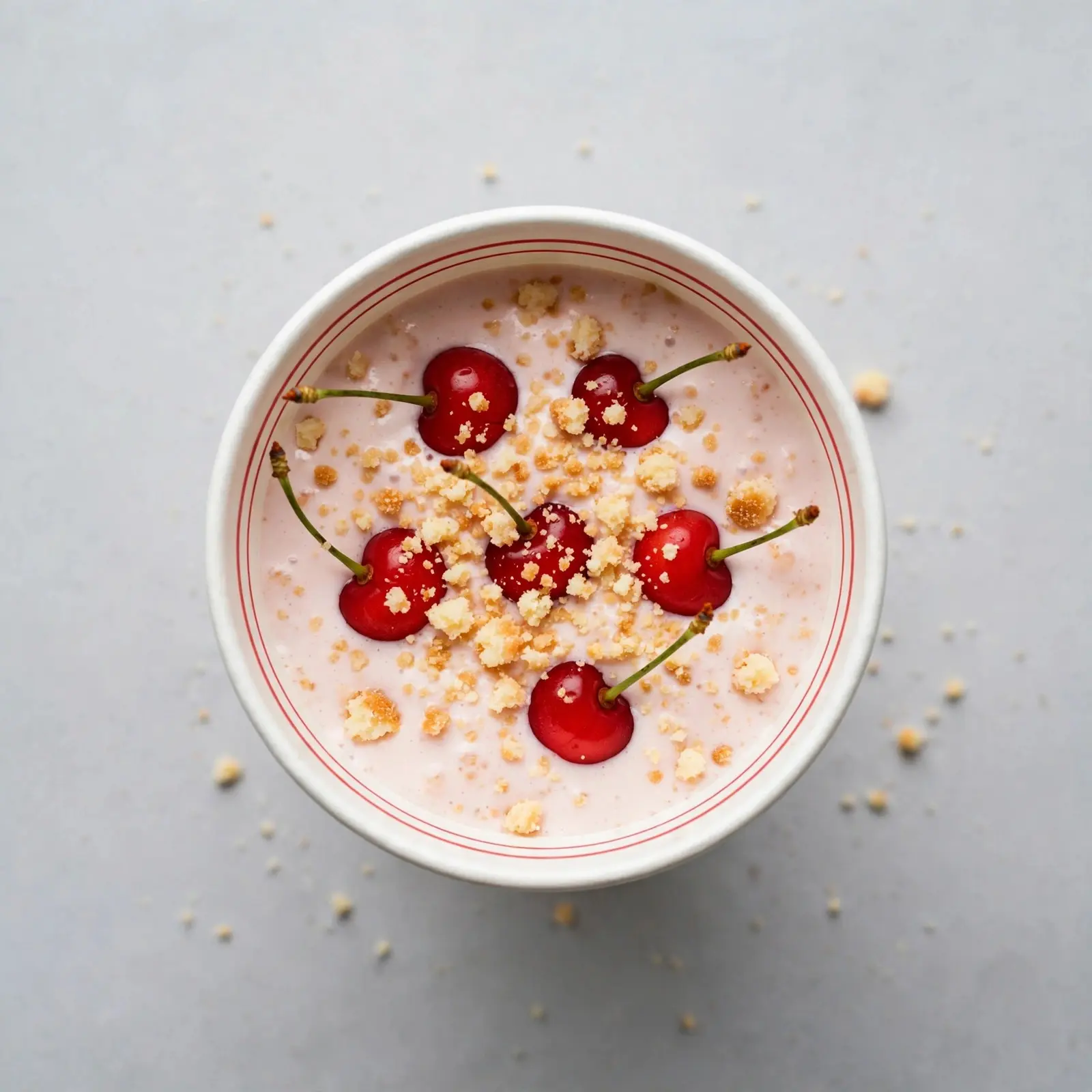Cherry cheesecake milkshake in a white cup topped with cherries