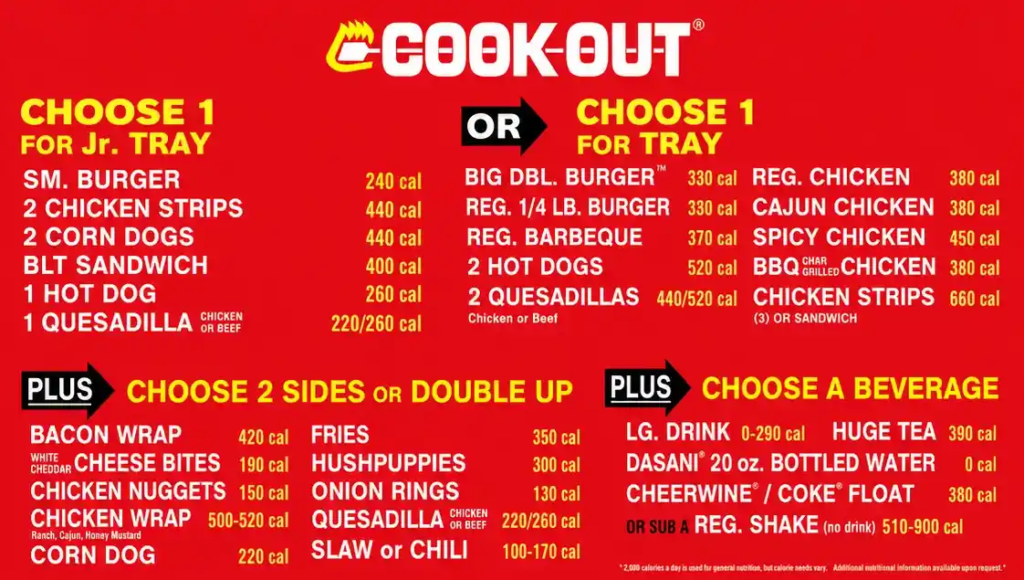cookout menu with pricesincluding trays, sides, and beverages