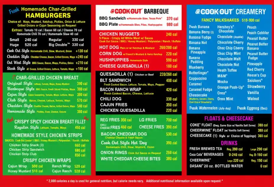 Cookout menu with prices including hamburgers, barbeque, cookout milkshakes, char grilled chicken breast, floats and cheesecake