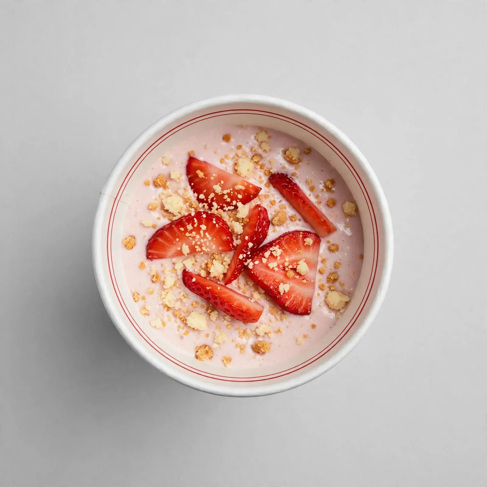 Strawberry cheesecake milkshake in a white cup topped with strawberries